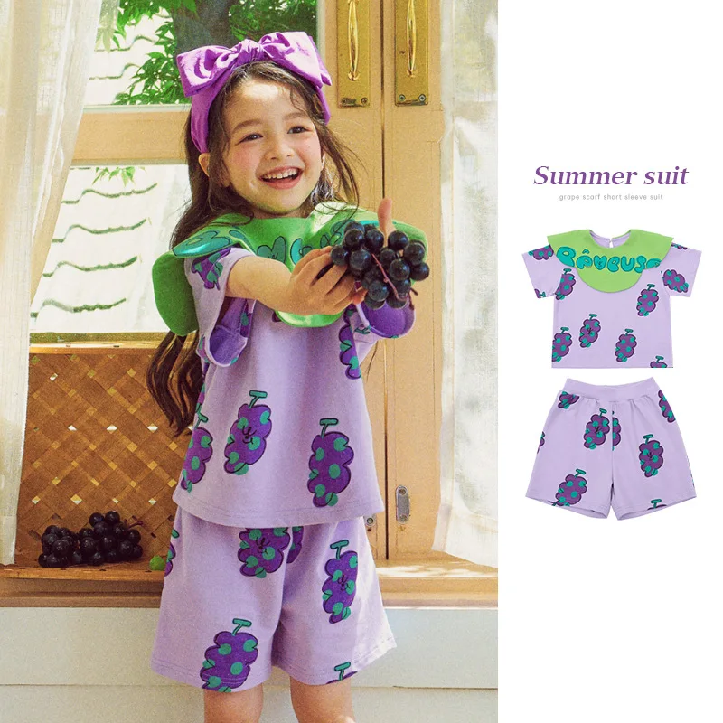 

Summer Children's T-Shirt Shorts Korean Cute Grape Printed Cotton Boys and Girls Fashion Popular Short Sleeve Suit New 2022 KID