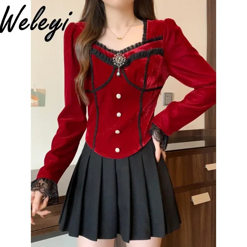 Осень и зима новая элегантная красная бархатная рубашка большого размера