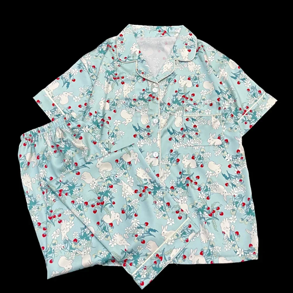 Женский пижамный комплект с цветочным принтом длинные брюки короткие рукава