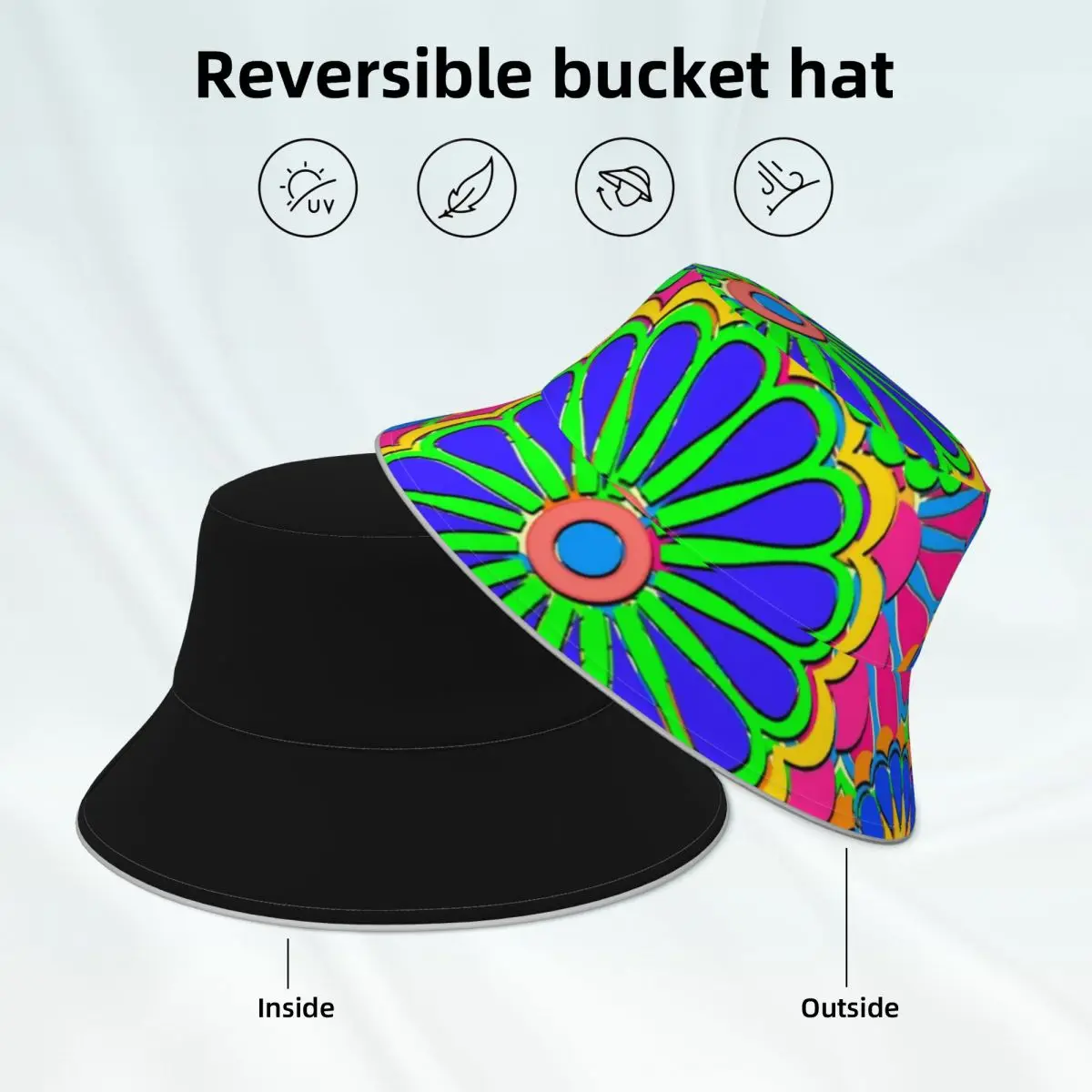 

Hippie Style Bucket Hat Colorful Flower Powe Fashionable Hawaii Fisherman Hats Double-sided Wear Unisex Reflective Sun Hat