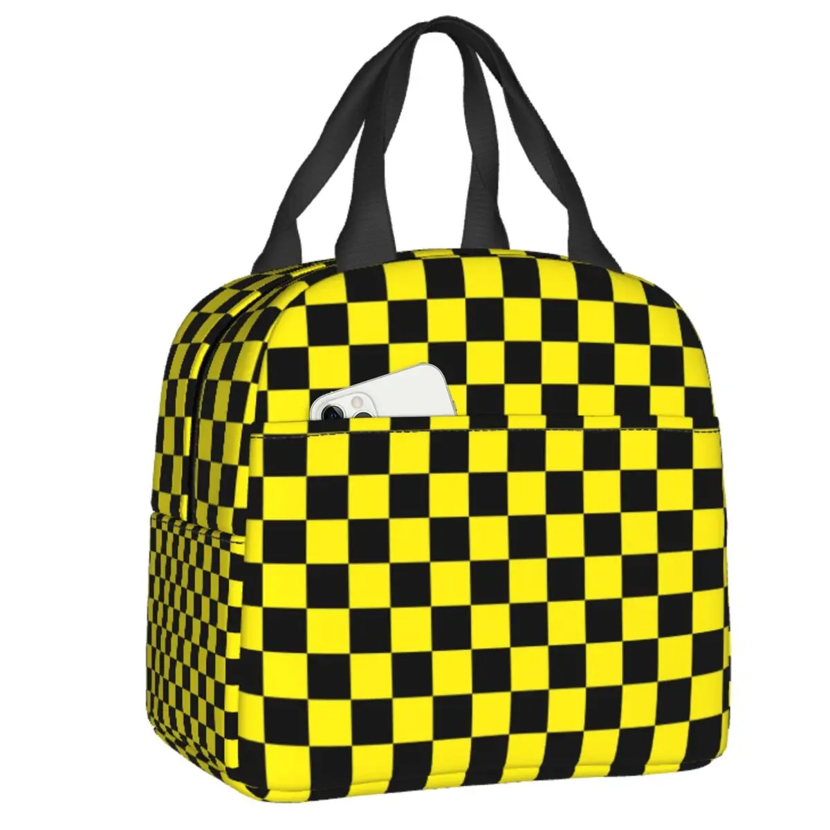 

Custom Black Yellow Checkered Lunch Bag Women Cooler Warm Insulated Lunch Boxes for Kids School Children