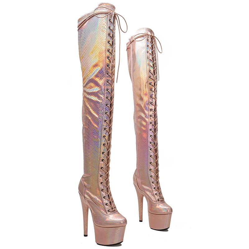 Leecabe Shinny Gold PU 17CM/7inches Pole dancing shoes High Heel platform Pole Dance boot
