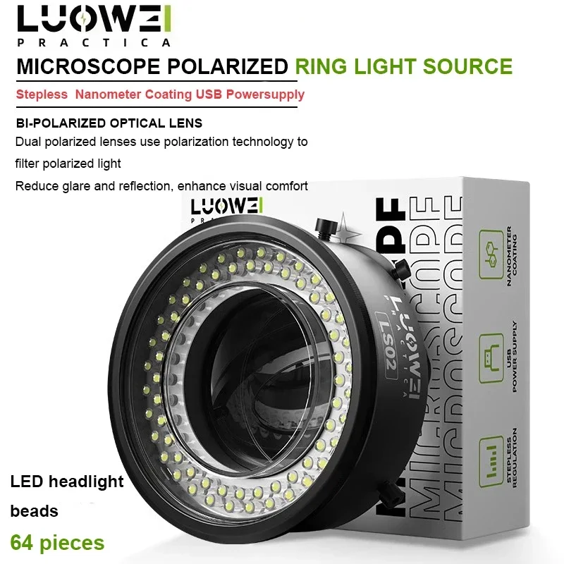 

Luowei LW-LS02 64 светодиодные бусины, калибр 61 мм, поляризационное кольцо для микроскопа, источник света, антибликовая светодиодная кольцевая лампа для микроскопа