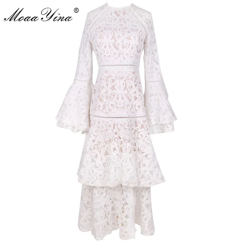 

MoaaYina Fashion Designer Runway Dress Autumn Summer Women's Flare Sleeve White Lace Cascading Ruffle Dresses High Quality