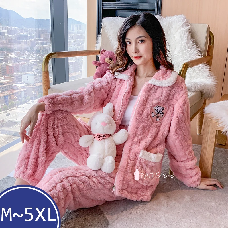 

Large Bust Winter Women's Warm Pajama Home Clothes Sleepwear Ladies Flannel Pajamas Thick Coral Fleece Cartoon Pajamas Pijama