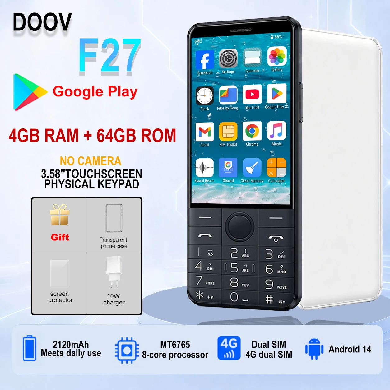 Фото DOOV F27 Без камеры, Android 14, телефон с двумя SIM-картами, 3.58 дюйма, MT6765, Google Play, 4 ГБ ОЗУ, 64 ГБ памяти, Bluetooth, сенсорный экран, кнопочная клавиатура, мобильный телефон. №1