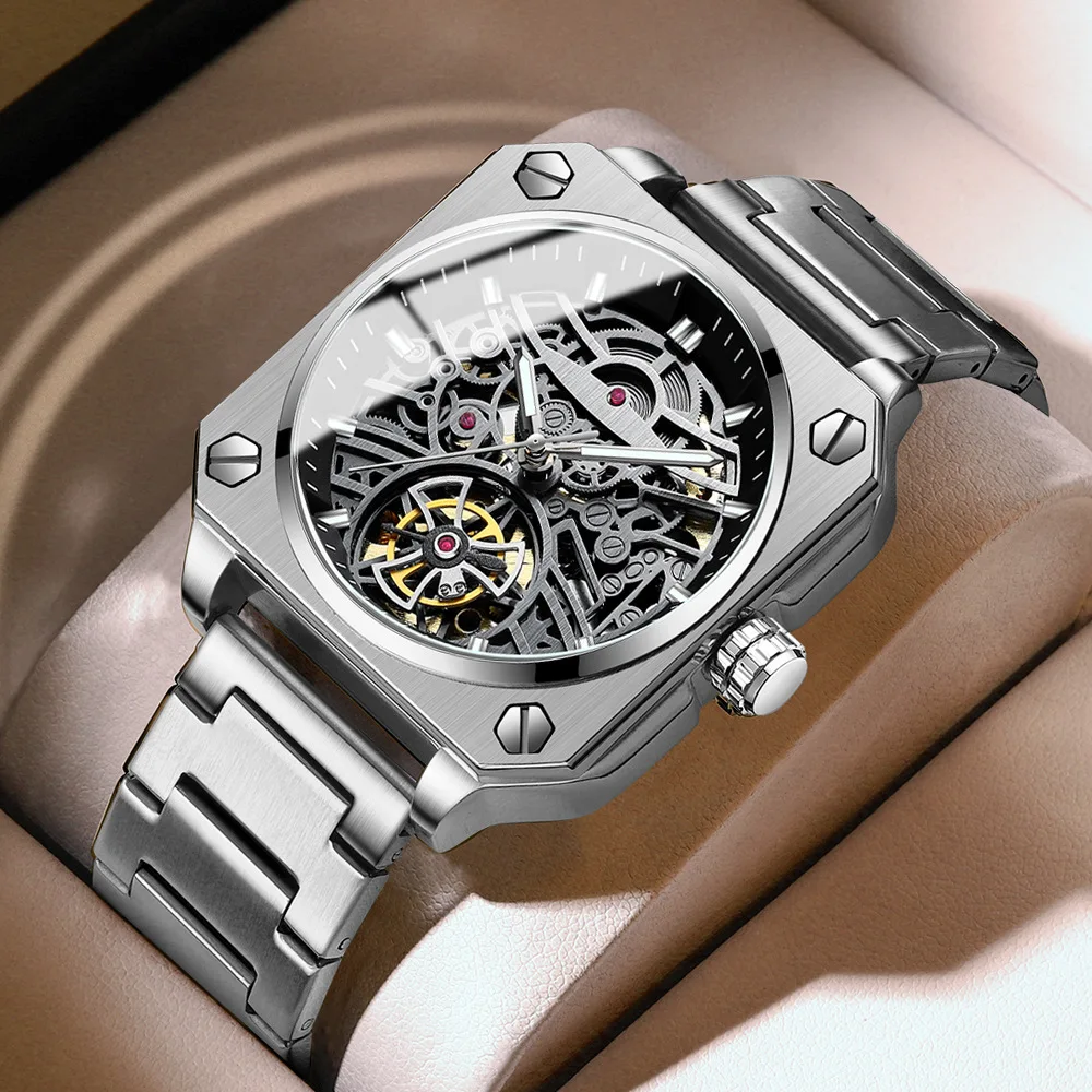 

BINBOND квадратные механические часы Tourbillon для мужчин, высококачественные водонепроницаемые мужские часы с скелетом, полностью автоматические наручные часы
