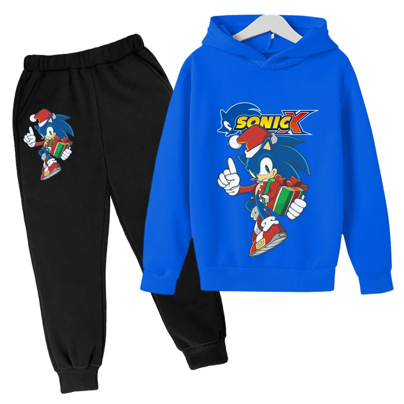 Sonic 4-14 Years Old Fashion Hooded Tops Trousers Children Girls Boys Printed Long Sleeves Costumes Outfits Cartoon Casual Suits