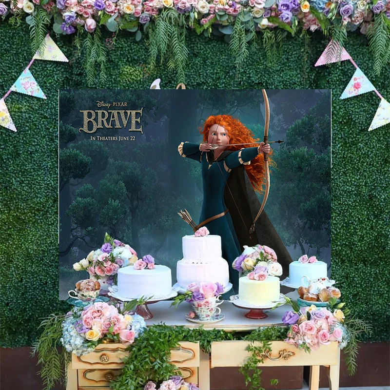 

Disney Cartoon Brave Red Long Curly Hair Merida Shot An Arrow Backdrop Girl Princess Baby Happy Birthday Party Photo Background