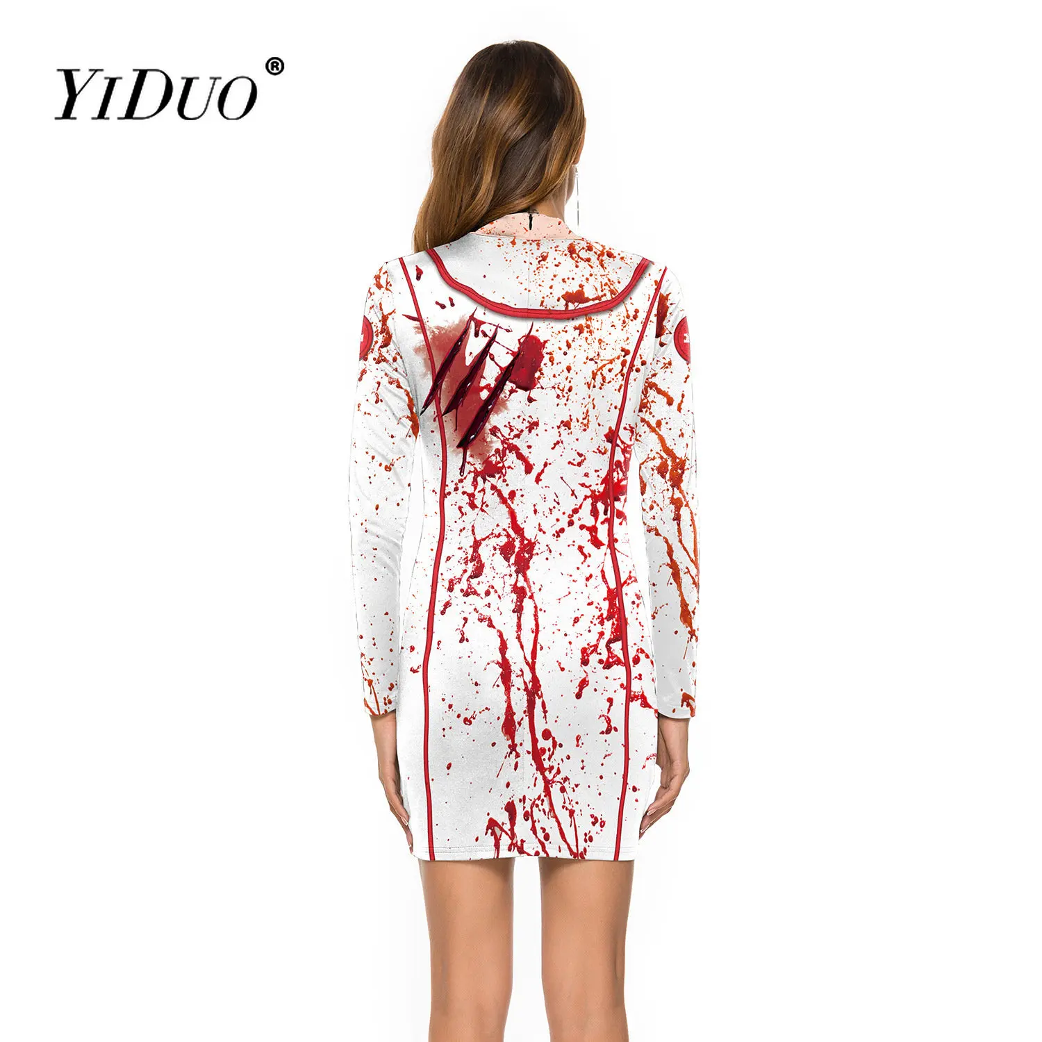 

2022 Hot selling women's Halloween nurse zombie round neck slim long sleeve dress YI DUO