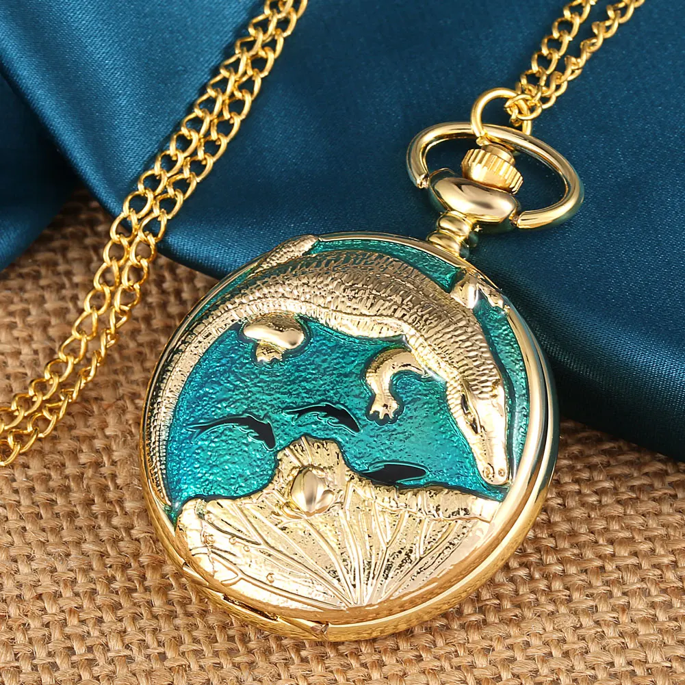 

Golden Crocodile Quartz Pocket Watch Royal Luxury Pendant Pocket Watches Fashion Necklace Watches Clock Gifts relogio de bolso
