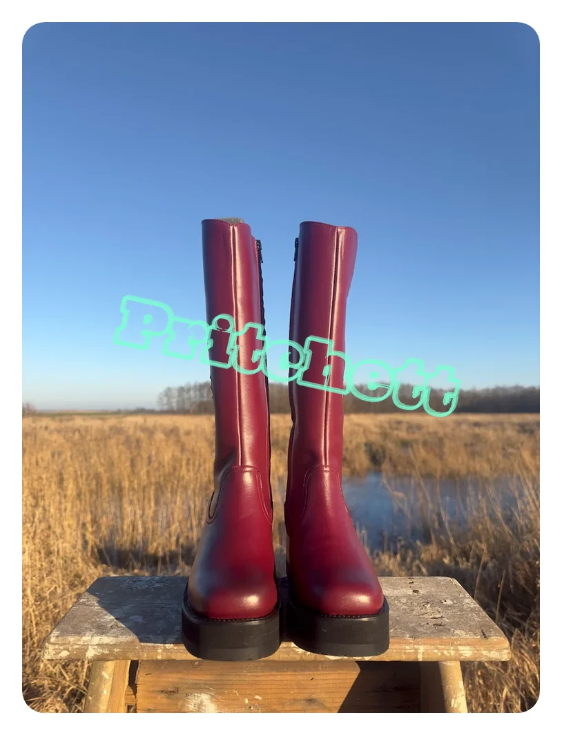 Красные кожаные сапоги до колена с цветами на платформе боковой молнией и