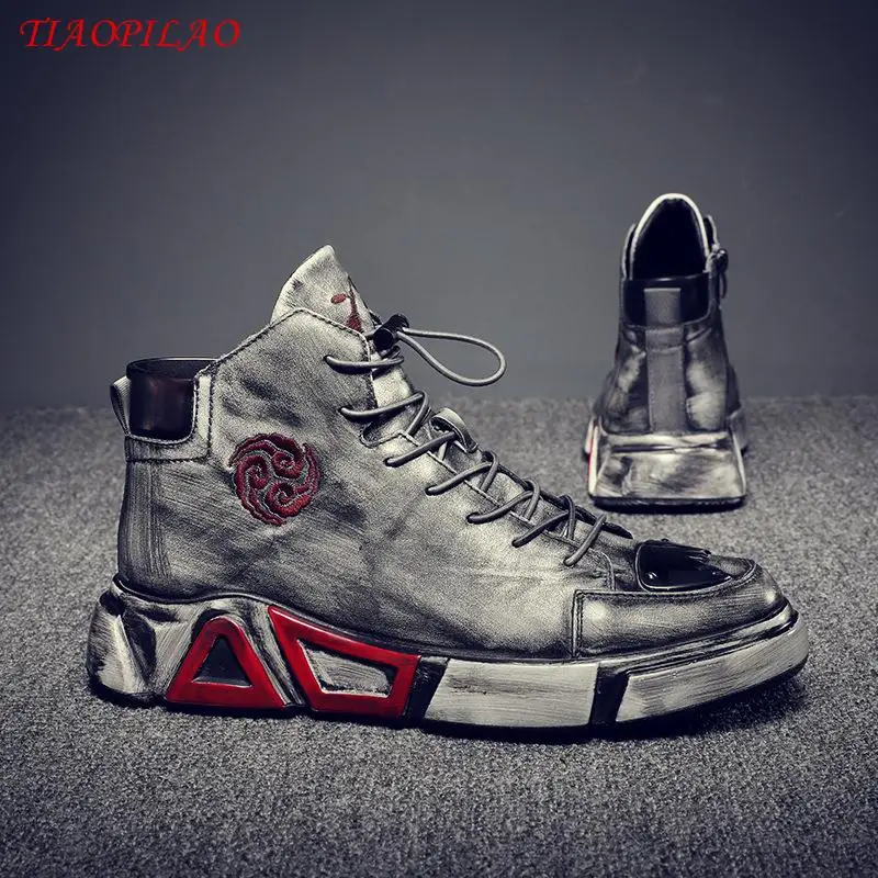 

Spring Autumn Real Leather Embroidery Lace Men Ankle Boots Fashion Casual Sports Male Sneakers Street Trend High Top Boys Shoes