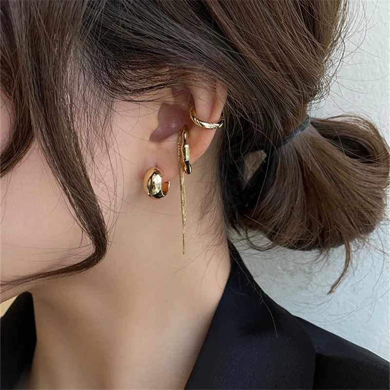 4PCS/SET New Design Gold Silver Color Metal Geometric Irregular Tassel Chain Clip Earrings for Women Non Pierced Ear Cuff 2022