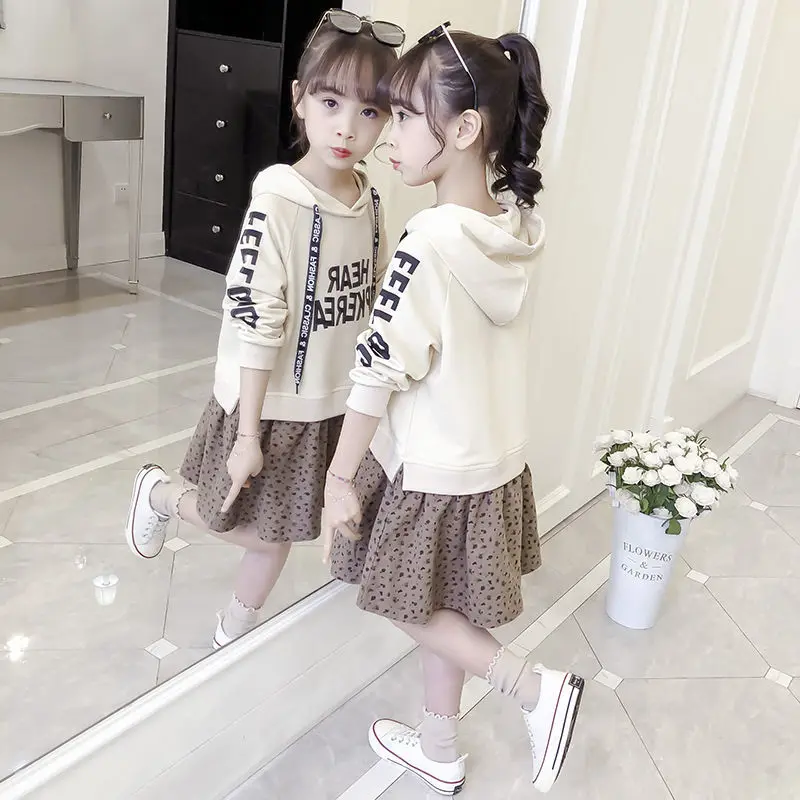 

Dress Spring Autumn New Girl Big Children's Foreign Style Hooded Fake Two-piece Hoodie Dress Kids Clothes 12 To 14 Christmas 10