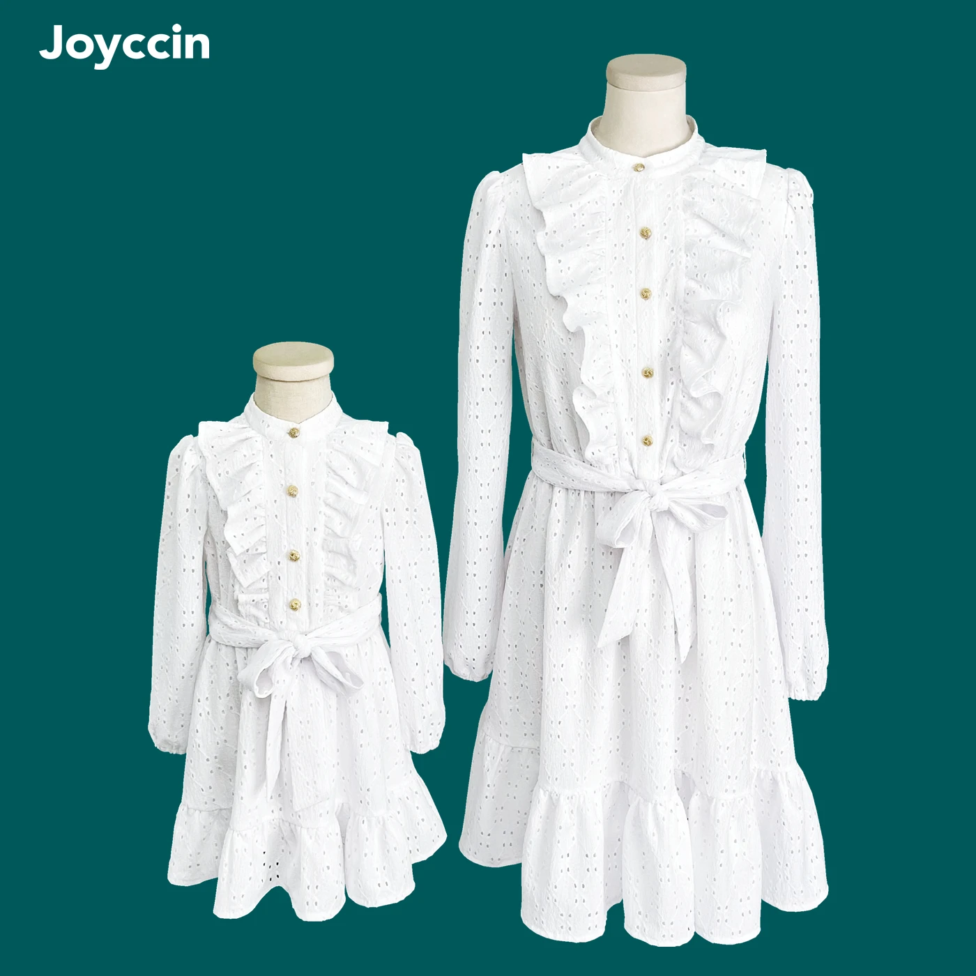 

Joyccin Plus Size Ruffle Trim Self Belted Costumes Mother Kids Stand Collar Button Up Lantern Sleeve Hollow Out Embroidery Dress