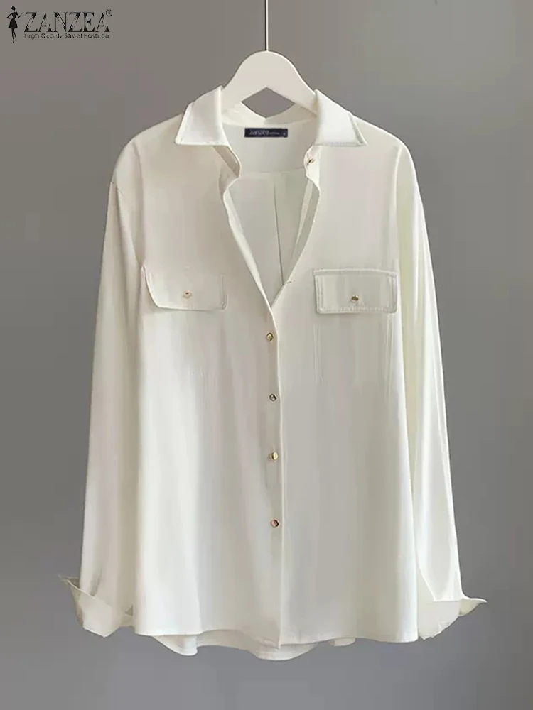 

Oversized Fashion Solid Blouse ZANZEA Women Office Lady Shirts 2023 Casual Loose Long Sleeve Tops Tunic Lapel Neck Pockets Blusa