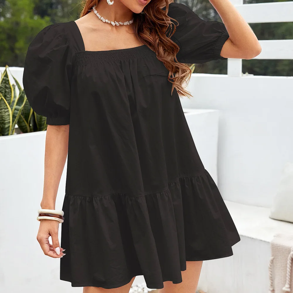 Vintage Idyllic Puffy Dress Temperament Age Reducing Fashion Versatile Bubble Sleeve Pleated Dress