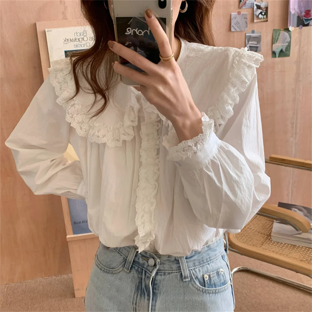 

Alien Kitty White Ruffles Chic Women Tops Spring 2022 Lace Sweet Girls Casual Peter Pan Collar Elegant Loose-Fitting OL Shirts