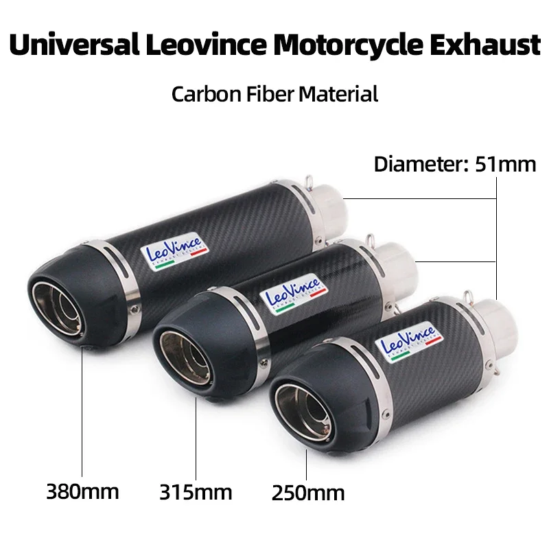 51MM Universal Carbon Fiber Leovince Motorcycle Exhaust Muffler Escape Pipe For Ninja250 Z400 Z900 R3 R6 MT07 CBR300 GSX250 Etc