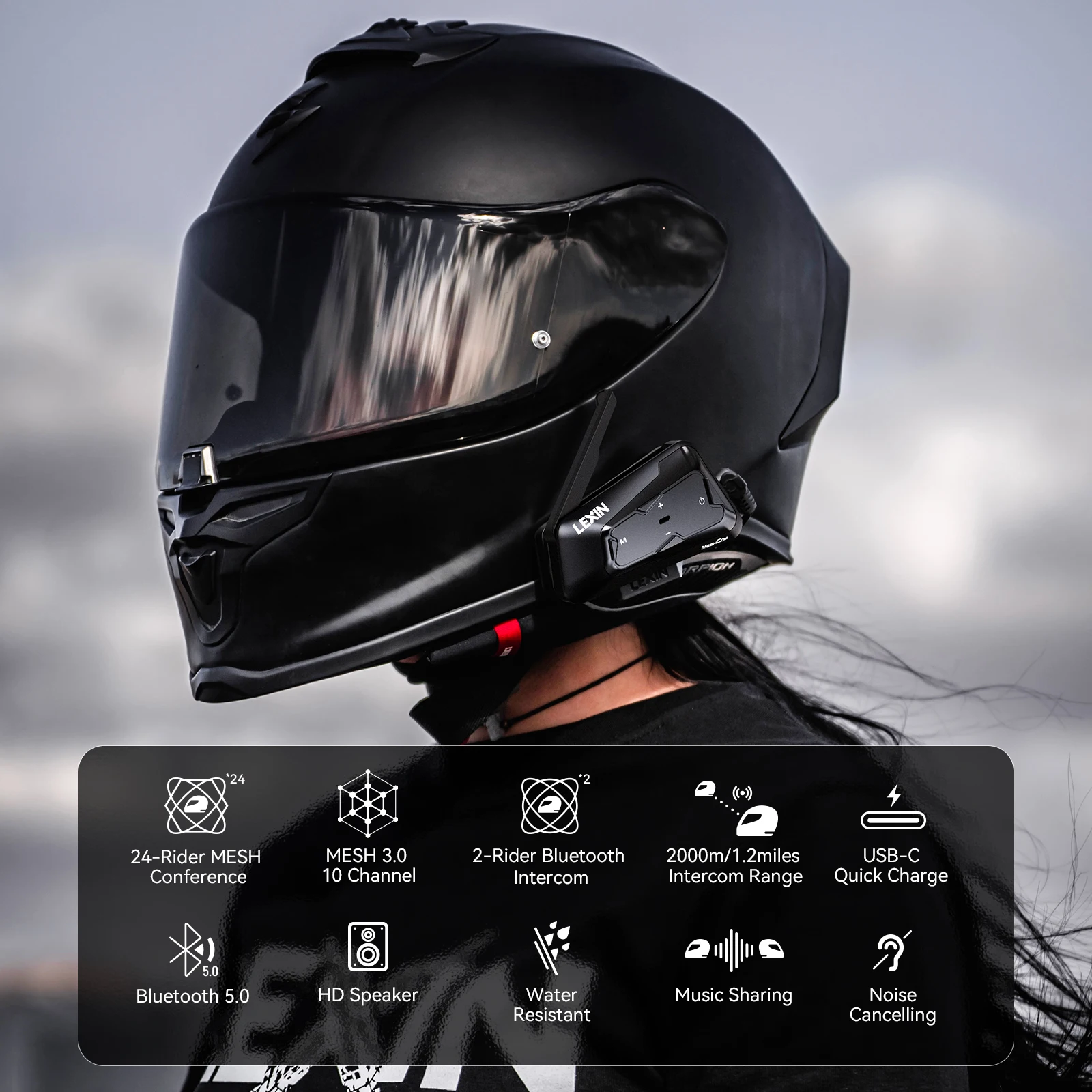 Гарнитура для мотоциклетного шлема Lexin-MeshCom сетка 2 шт. и Bluetooth сетчатая связь до 24