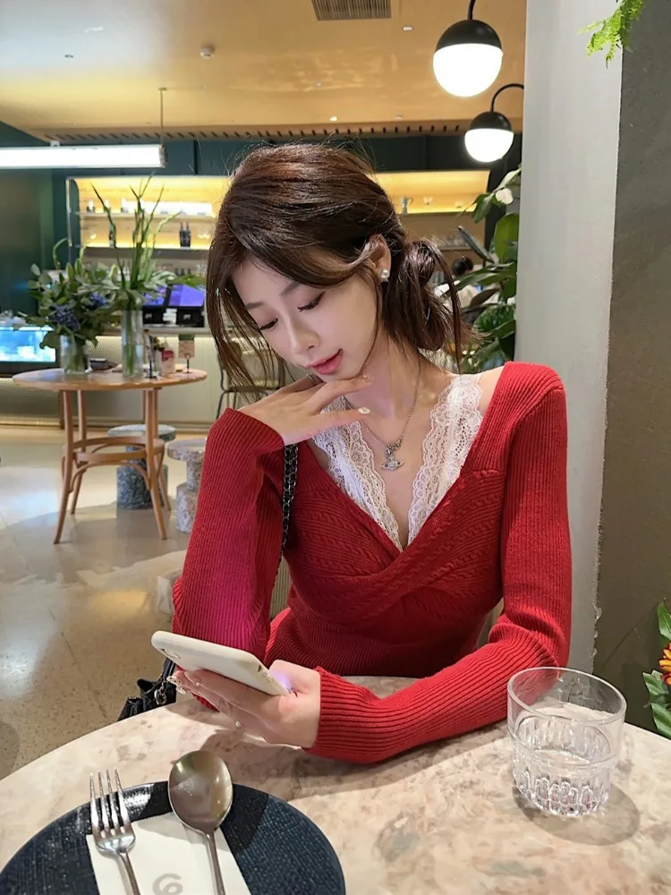 Красный кружевной шов с v-образным вырезом искусственный вязаный женский