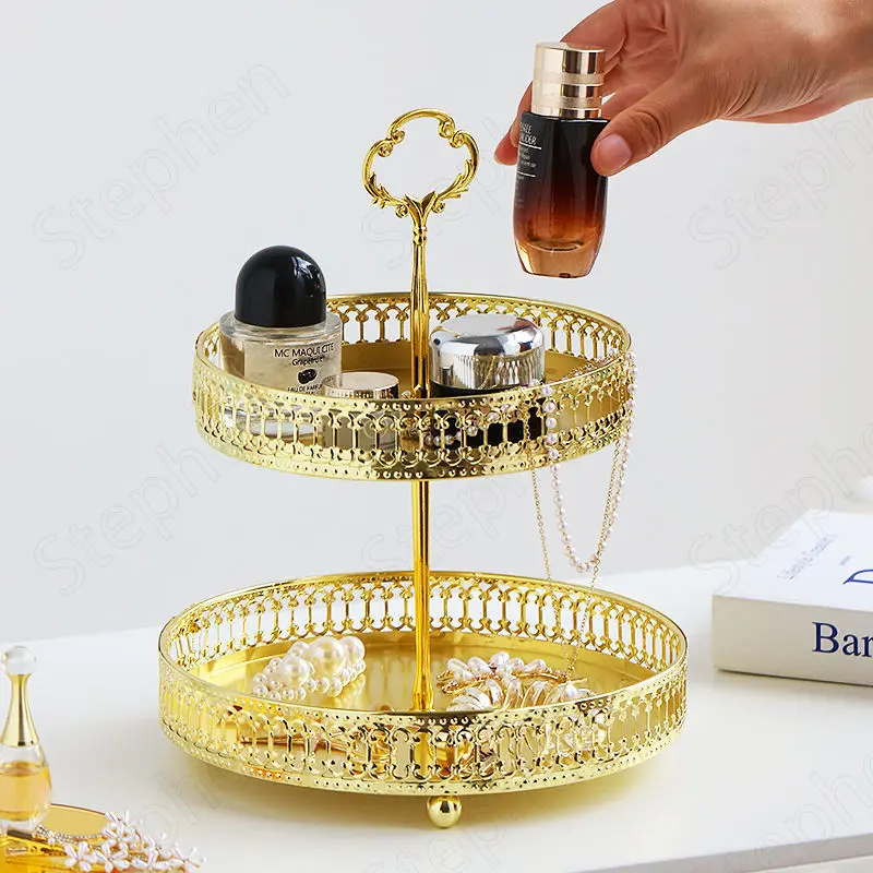 Golden Hollow Double Layer Cake Stand Nordic Light Luxury Fruit Snacks Tray Wedding Decoration Gilded Metal Trays Decorative | Дом и сад