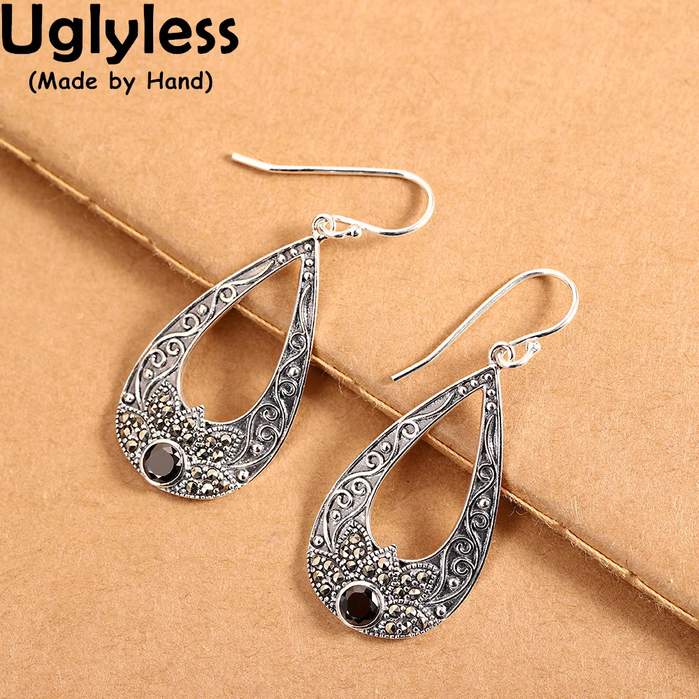 

Uglyless Vintage Thai Silver Grass Orchid Earrings for Women 925 Silver Water Drop Hollow Earrings Fashion Dress Brincos E1657