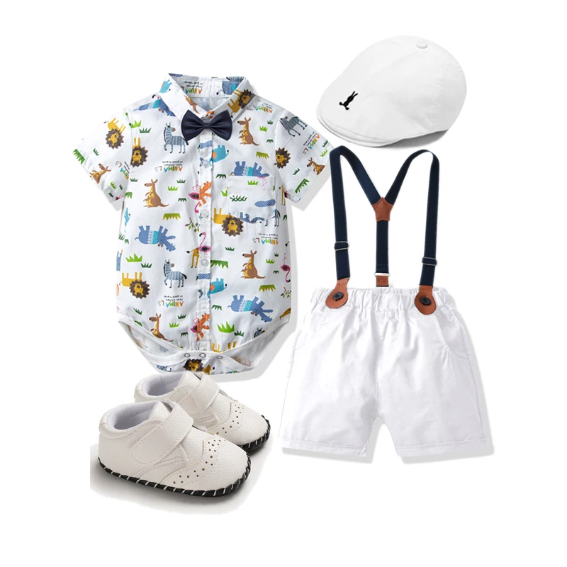 Clothes for Baby Boy Birthday Outfit Gentleman Baby Boy Animal Them Lion Printed Romper with Bow Tie Suspender Pants Baby Boy