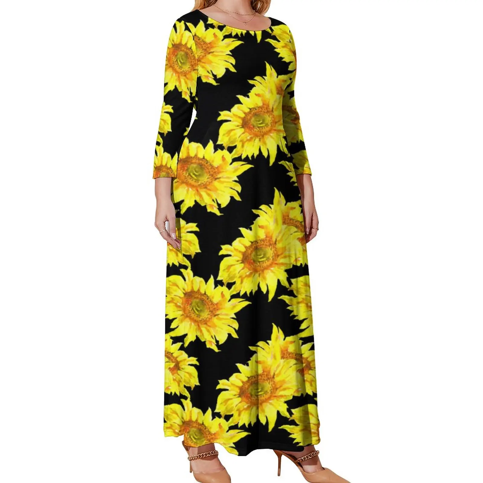 

Женское платье-макси с цветочным принтом, с длинным рукавом