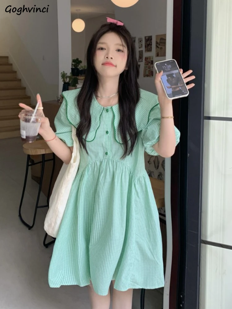

Зеленое клетчатое платье с пышными рукавами для женщин, милая леди в японском стиле Харадзюку, Повседневная универсальная простая уличная ...