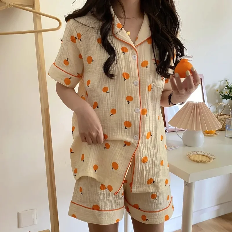 QWEEK Cotton Gauze Pajamas for Women Korean Sleepwear Orange Print Pijamas Pyjamas Short Sleeve 2 Piece Female Set Dropshipping