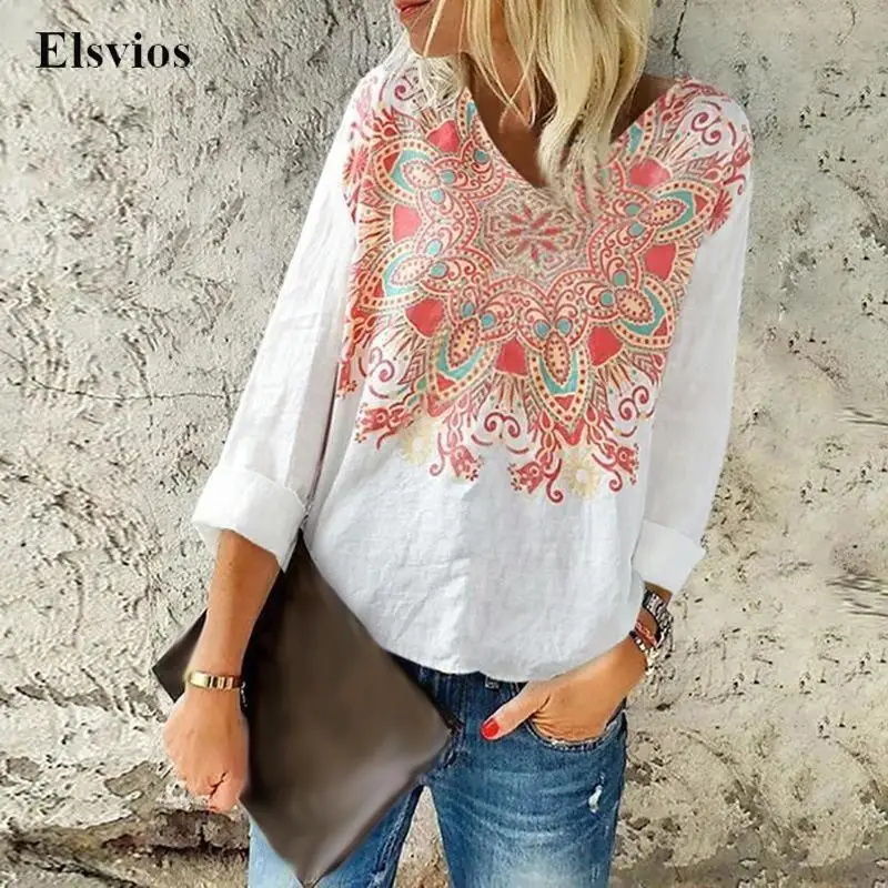 

Женская пляжная блузка в стиле Харадзюку, Повседневный пуловер с длинным рукавом и V-образным вырезом, свободная рубашка с принтом в стиле ретро, весна-лето