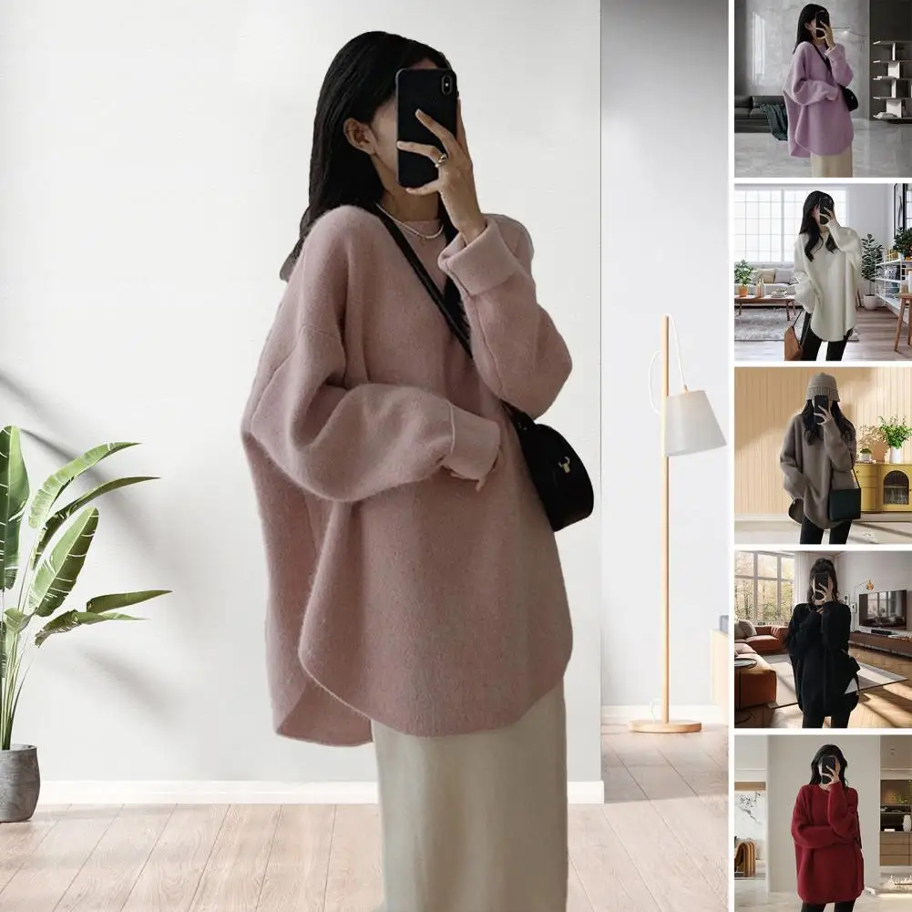 

Loose Fluffy Knitted Sweater Women 2023 Autumn O-neck Long Sleeve Soild Female Knit Pullover Fashion Curved Hem Lady Knitwear