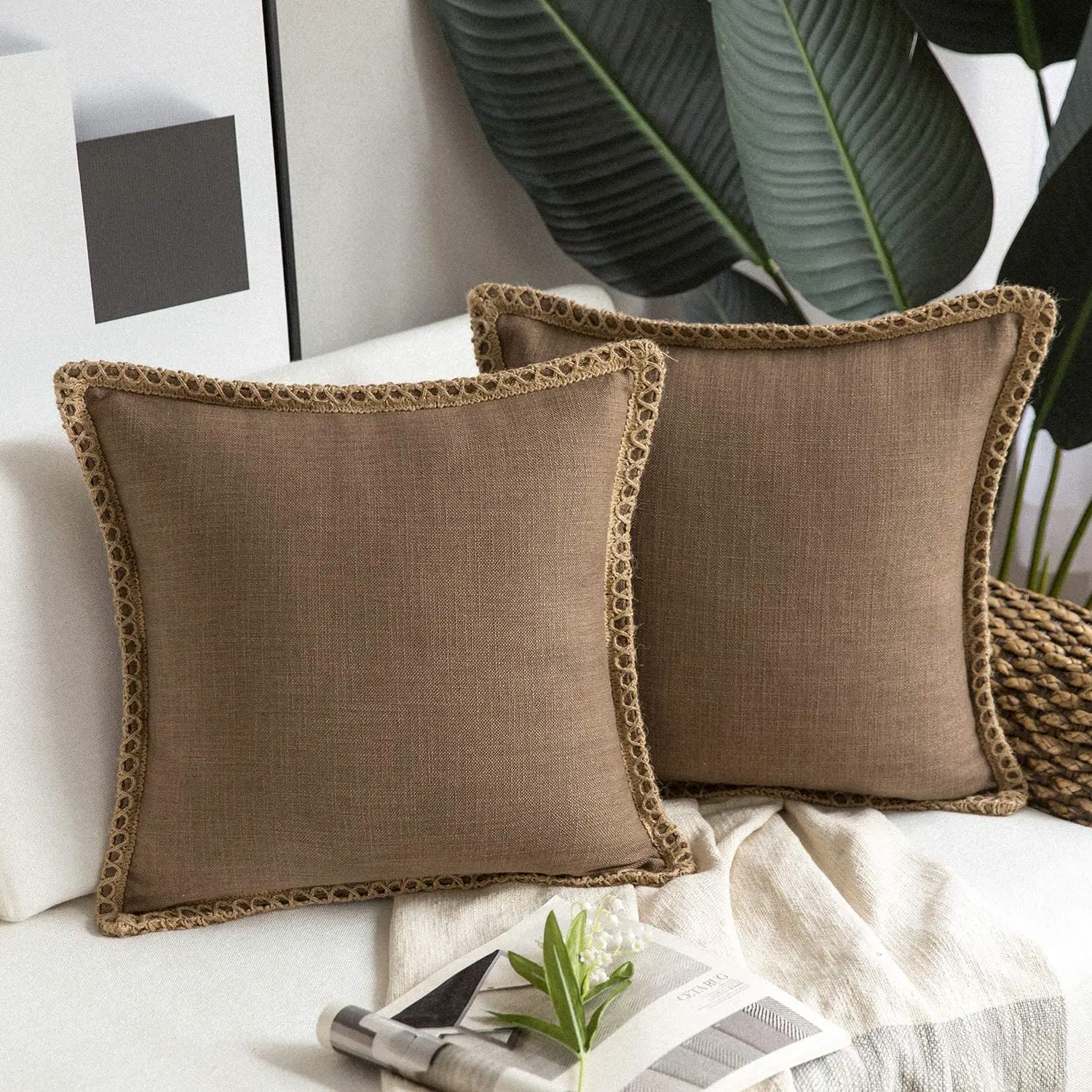 

Farmhouse Decorative Throw Pillow Covers Burlap Linen Trimmed Tailored Edges Coffee 18x18 Inches/45x45cm for Home Sofa Bed Decor