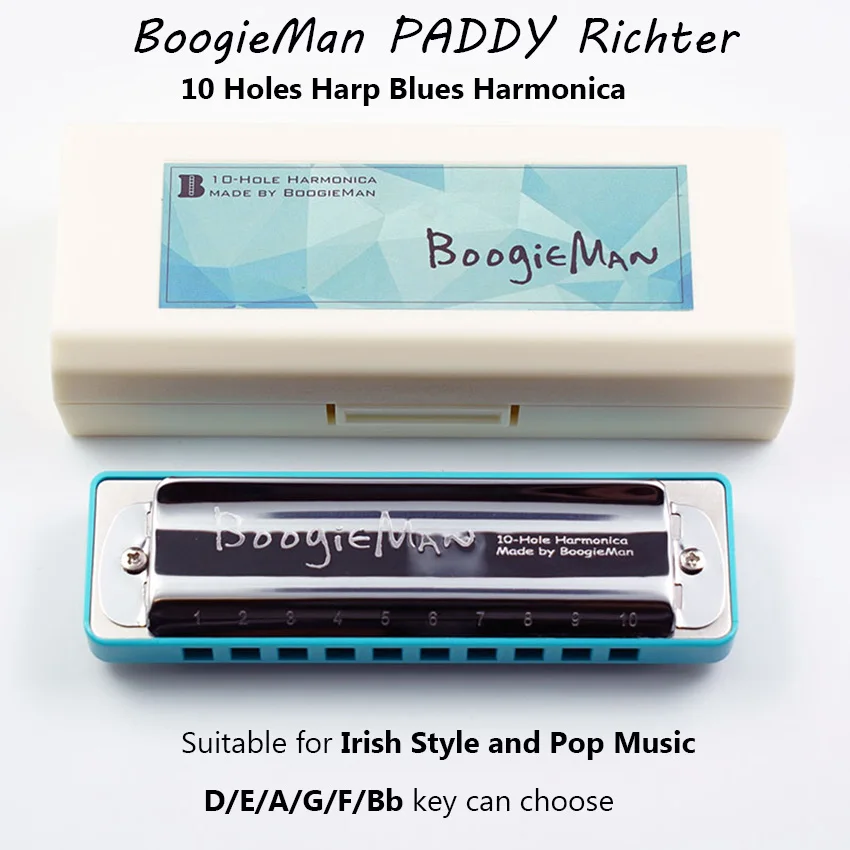 

BoogieMan PADDY Richter 10 Holes Diatonic Harmonica Tuned D/E/A/G/F/Bb Blues Harp Irish and Pop Music Musical Instrument