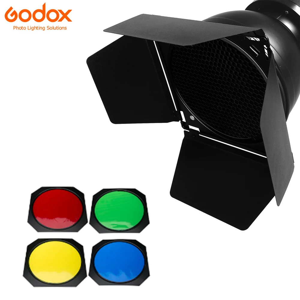 

Godox BD-04 Barn Door+Honeycomb Grid + 4 Color Filter For Bowen Mount Standard Reflector Photography Studio Flash Accessories