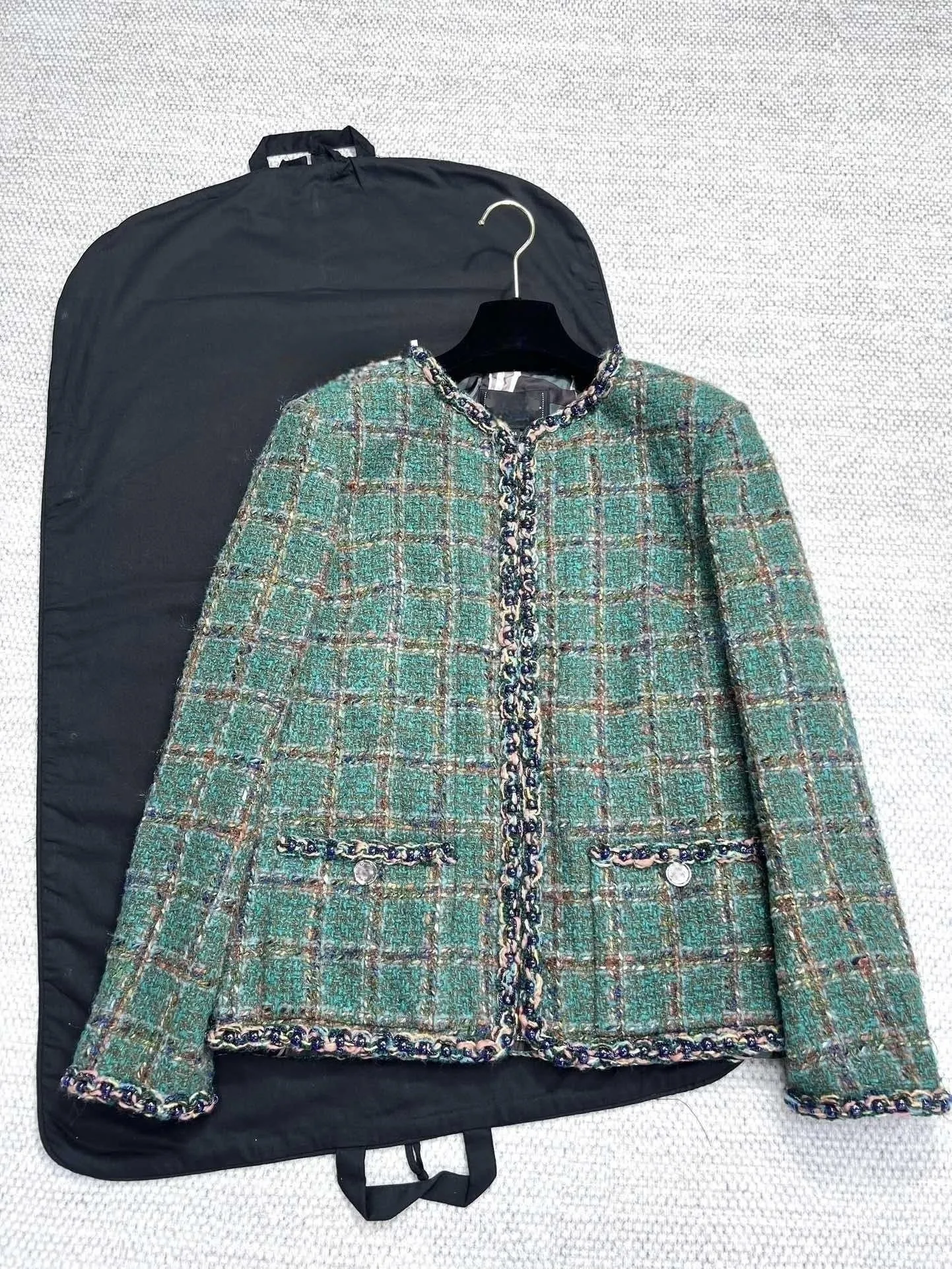 

100% Mulberry Silk Jacquard Lined With G-Dragon's Same Tweed Wool Green Check Hand-woven Coat