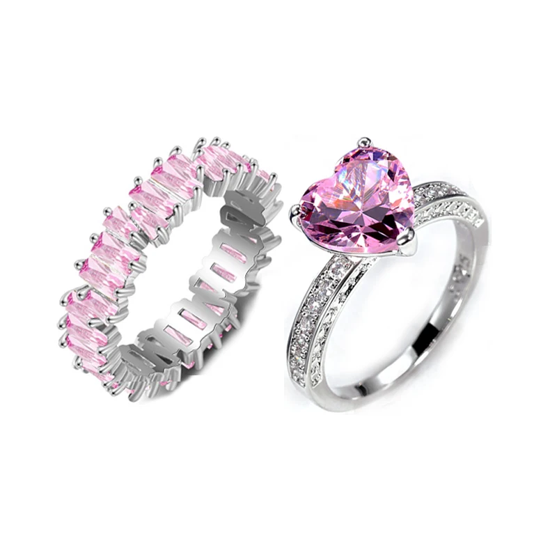 

JUNZI Romantic Heart Pink Rings Glamour Geometry Zirconia Jewelry for Women Bridal Wedding Accessories Girlfriend Surprise Gifts
