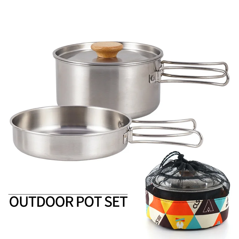 

Camping Tableware Outdoor Picnic Soup Pot Frying Pan Set Folding Handle Stainless Steel Cookware Kitchen Cooking Utensils Hiking