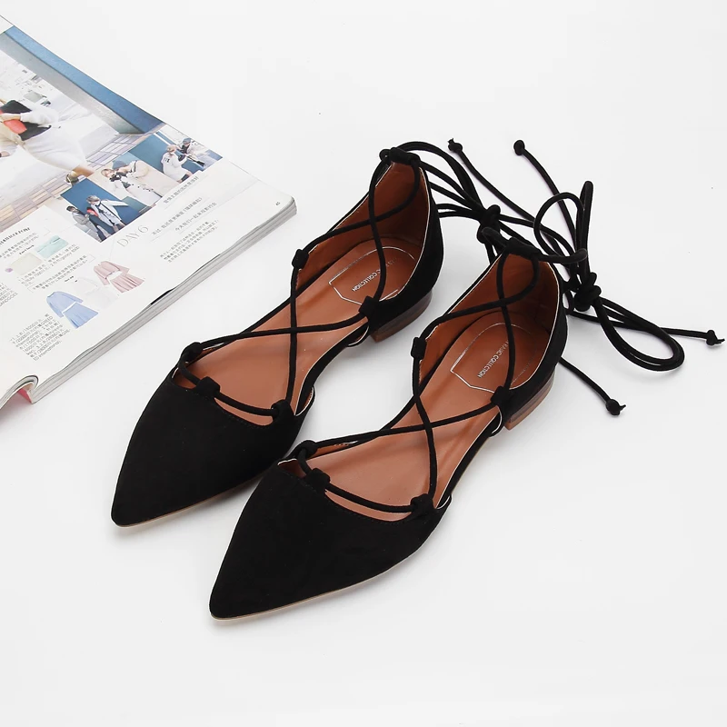 

Summer New Woman Shoes Fashion Sexy Cross-tied Gladiator Pointe Toe Cut Out Flats Lace Up Ballet Flats Roman Style Female Shoes