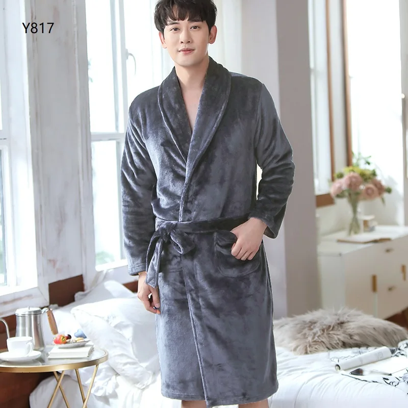 Nightgown men's spring and autumn flannel lengthened coral fleece nightgown winter thickening and fleece warm bathrobe men
