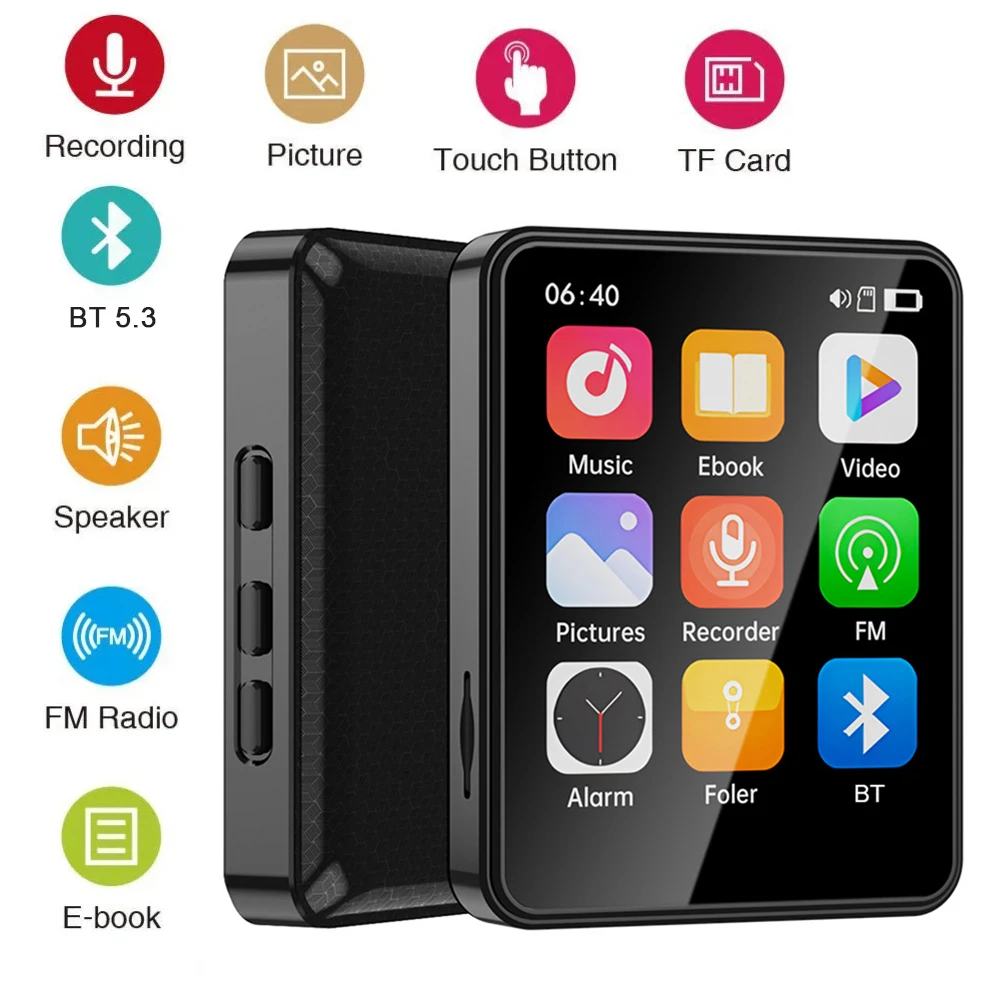 Фото MP3-плеер с 2,4-дюймовым сенсорным экраном, Bluetooth 5.3, HiFi Walkman, встроенный MP4-плеер, музыкальный динамик, FM-радио, диктофон, электронная книга №1
