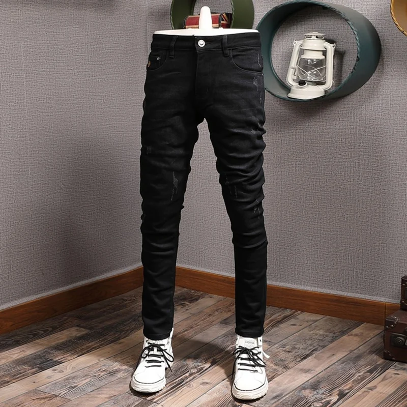 Korean Style Fashion Men Jeans High Quality Black Stretch Slim Fit Ripped Jeans Men Elastic Vintage Designer Denim Pants Hombre