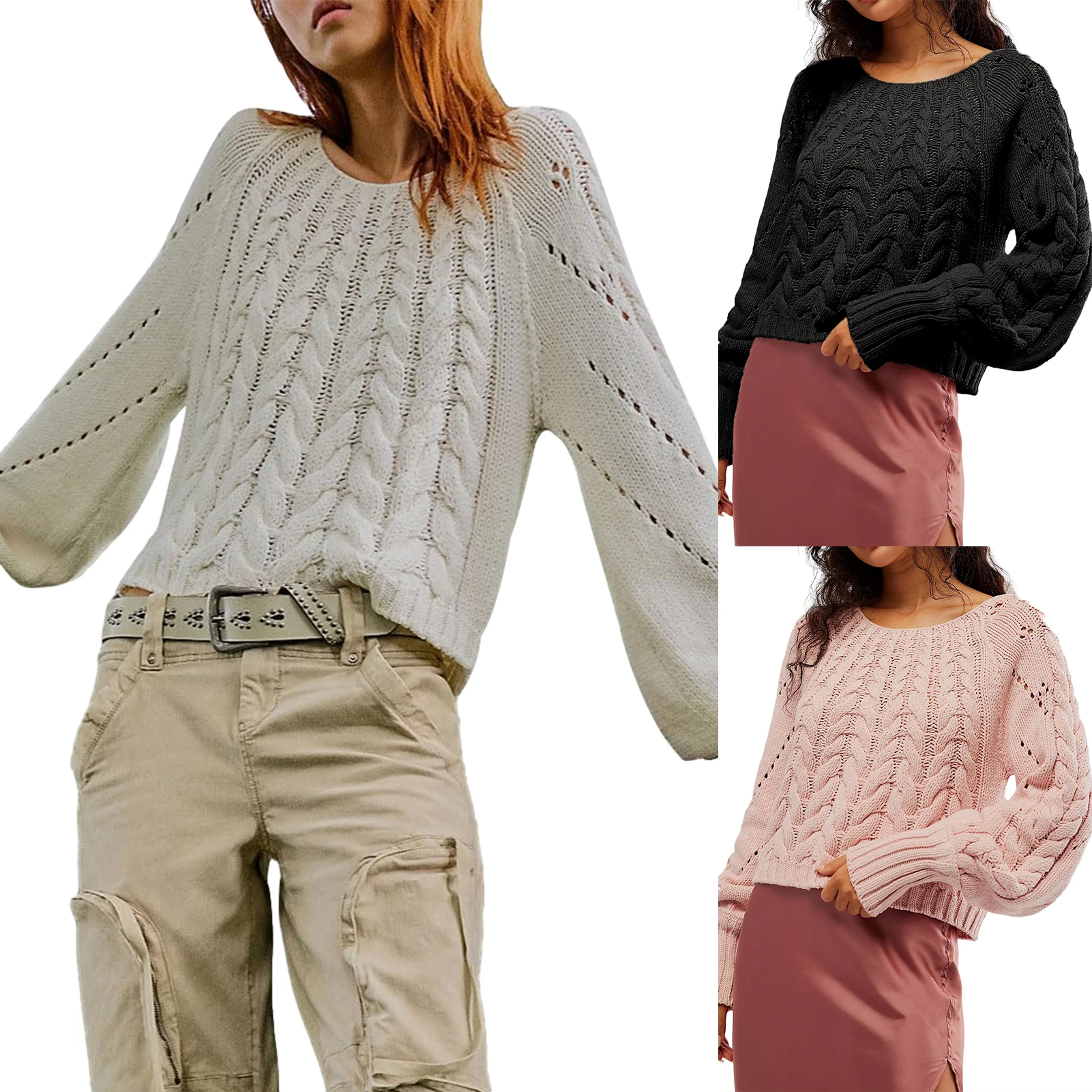 

Crew Neck Cropped Sweaters Solid Color Women Pullover Tops Casual Style Crochet Sweaters Loose Fit Drop Shoulder Streetwear Suit