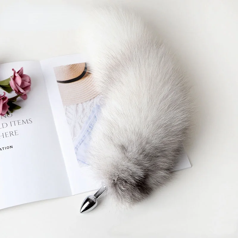 Анальная пробка со съемным натуральным лисьим хвостом гладкая металлическая