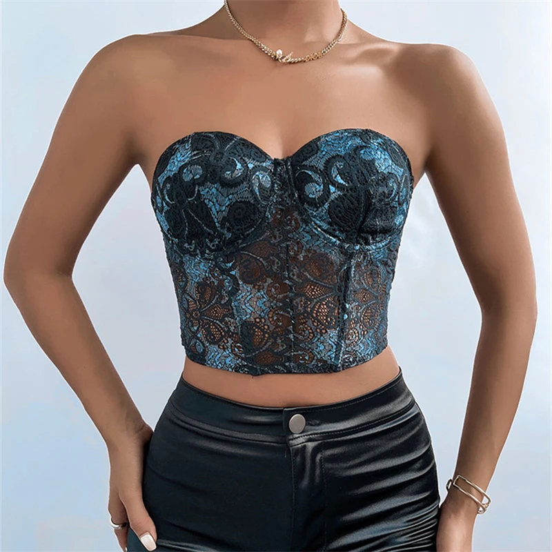 

Women Corset Strapless Contrast Color Perspective Sexy Tube Top Lace Off-the-Shoulder Summer Slim Top Ladies Camisole Crop Tops