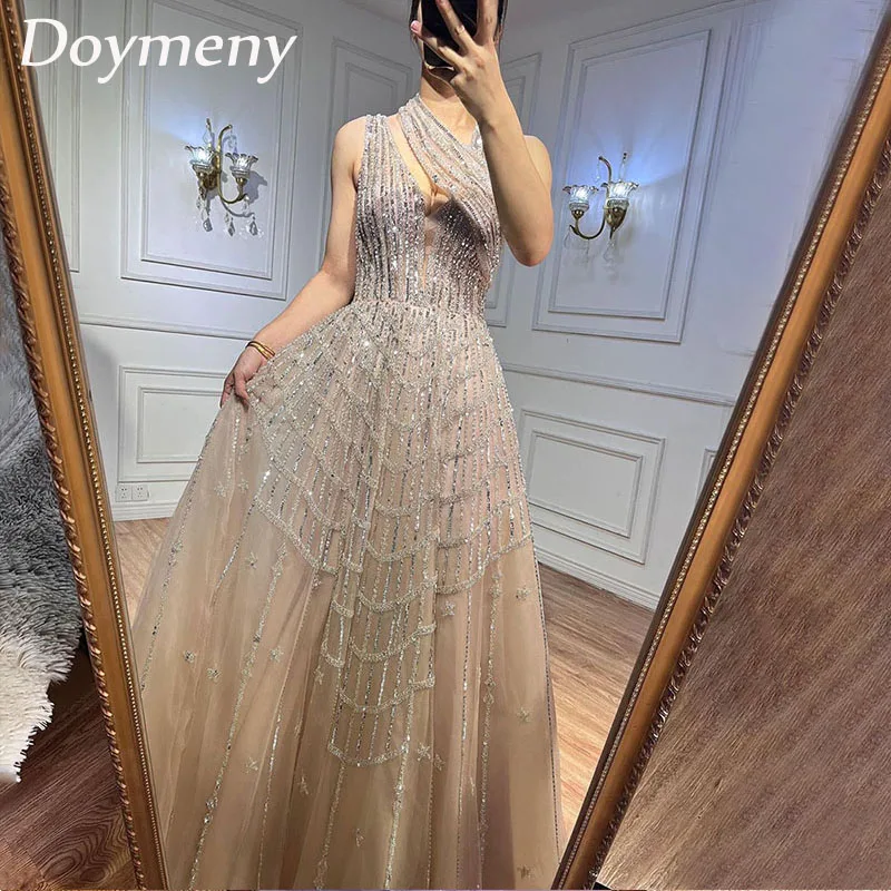 

Doymeny Women Luxury Beaded Prom Dress Sequined One Shoulder A-line Cocktail Dress Open Back Evening Party Gowns vestido de gala