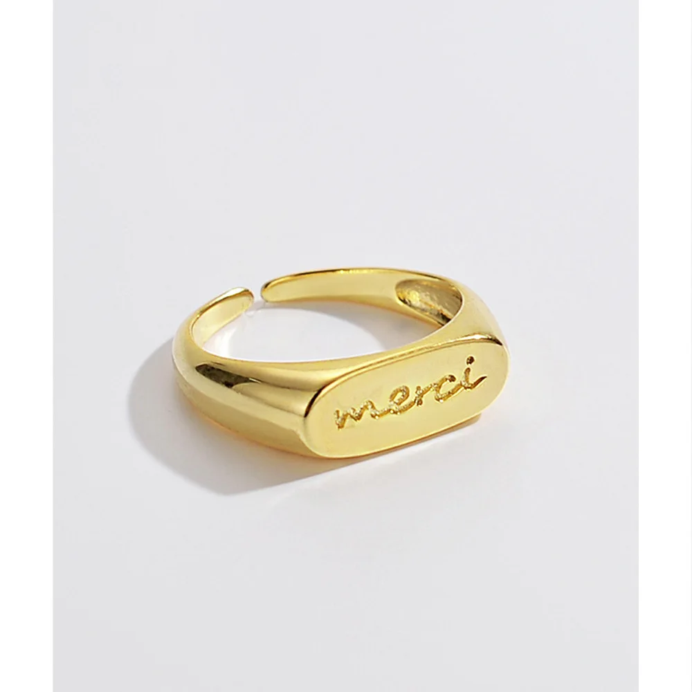 

Minimalist 925 Sterling Silver Bar Merci French Rings For Women 2022 Vintage 18K Thick Gold Plated Jewelry Free Shipping