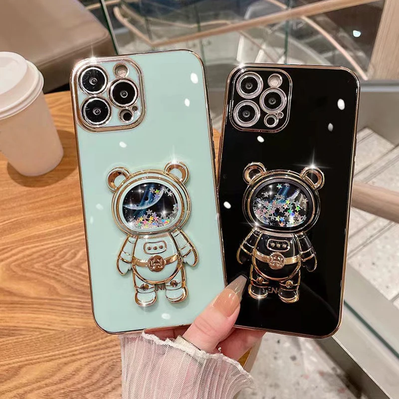 

Quicksand Space Cute Bear Phone Case For iPhone 14 13 12 11 Pro Max Silicone Shell For iPhone 14 Plus 13 12 11 Kickstand Cover